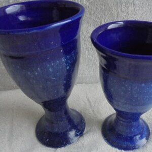 2X Hand Studio Art Pottery Cobalt Blue Speckled Glaze Goblet Chalice Vessel